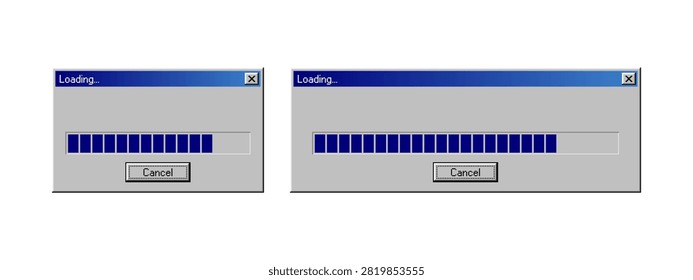 Retro window system loading bar dialog box vector. Old computer interface element with progress indicator. Digital pixel art style graphic for vintage software application design interface.
