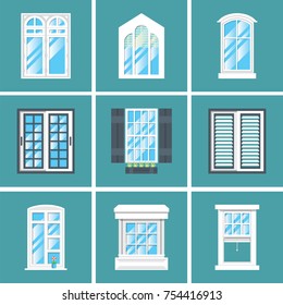 Retro window with wood frame on the wall with a lot of variation