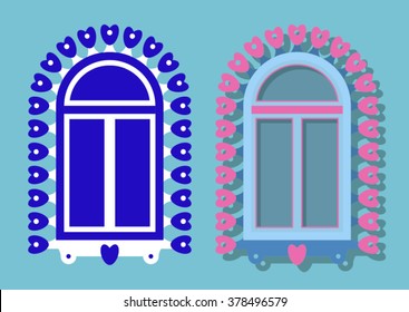 retro windows decorated with hearts on a blue background