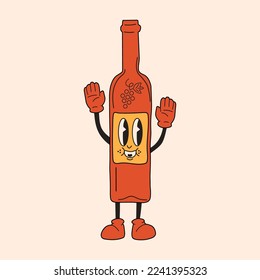 Retro wine in a bottle. 30s cartoon mascot character -. 40s, 50s, 60s old animation style.Mulled wine with cinnamon.Vector in cartoon style. All elements are isolated