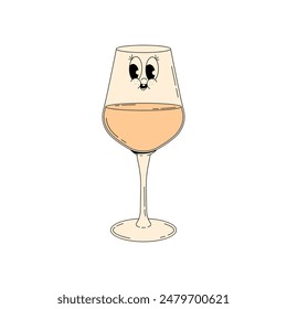 Retro wine festival. Groovy character white wine glass with face. Funky alcohol design for menu, party, event. Vintage vector illustration 70s, 80s style