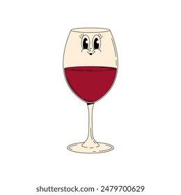 Retro wine festival. Groovy character red wine glass with face. Funky alcohol design for menu, party, event. Vintage vector illustration 70s, 80s style