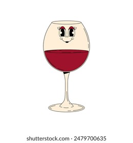 Festival del vino retro. Vaso de vino tinto con cara. Diseño de alcohol funky para menú, fiesta, evento. Ilustración vectorial Antiguas estilo años 70, 80