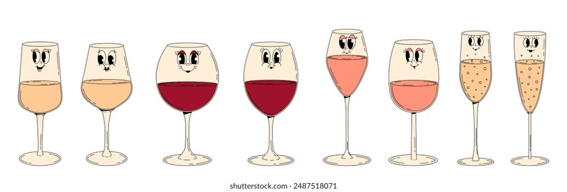 Retro wine festival. Groovy character red, white, pink wine, champagne in glass with cute face. Funky alcohol design for menu, party, event. Vintage vector illustration