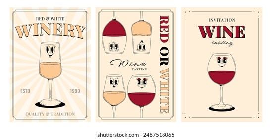 Retro wine festival invitation, poster set. Groovy character red, white wine glass with face. Funky alcohol design for menu, party, event. Vintage vector illustration