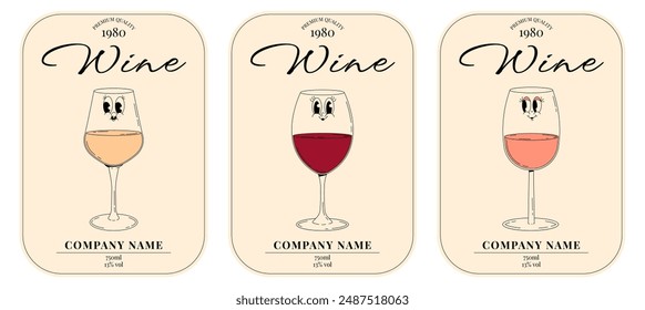 Retro wine festival label set. Groovy character white, pink, red wine glass with face. Funky alcohol design for winery, menu, party. Vintage vector illustration