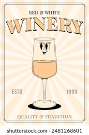 Retro wine festival poster. Groovy character white wine glass with face. Funky alcohol design for winery, menu, party. Vintage vector illustration 70s, 80s style