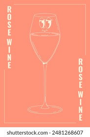 Retro wine festival poster. Groovy character pink wine glass with face. Funky alcohol design for menu, party, event. Vintage vector illustration 70s, 80s style