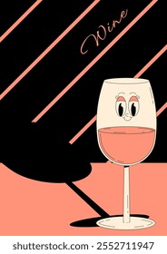 Retro wine festival poster. Groovy character pink wine glass with face and empty space. Vintage vector illustration 70s, 80s style