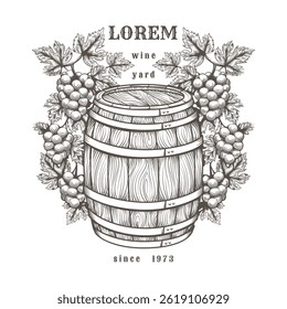 Retro wine yard emblem. Barrel and grapes bunches with leaves isolated vector illustration