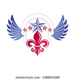 Retro winged vintage Insignia created with lily flower and pentagonal stars. Vector product quality idea design element, Fleur-De-Lis.