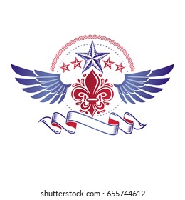 Retro winged vintage Insignia created with lily flower and pentagonal stars. Vector product quality idea design element, Fleur-De-Lis.