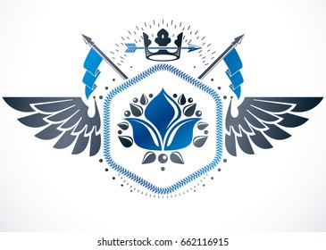 Retro winged vintage Insignia made with vector design elements like lily flower royal symbol and imperial crown
