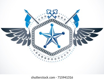 Retro winged vintage Insignia made with vector design elements like ancient keys and pentagonal stars.