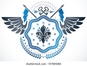 Retro winged vintage Insignia made with vector design elements and composed with lily flower royal symbol and old keys