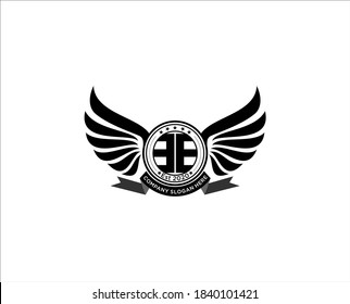 Retro wings badge with letter E . vintage logo vector design element