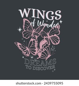 retro Wings of wonder typography slogan print with vintage butterfly for t-shirt print, vector illustration