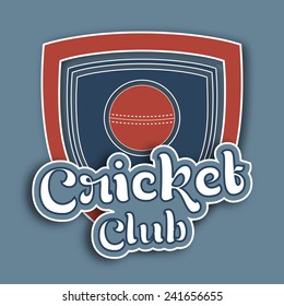 Retro winning shield with red ball and text Cricket Club on blue backgrobund.