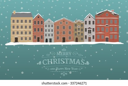 Retro winter banner with a Christmas sign in front of a city on a snowing background. Template for Christmas card in flat design in vector