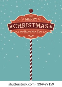 Retro winter banner with a Christmas wish on a striped column on a snowing background. Template for Christmas card in flat design in vector