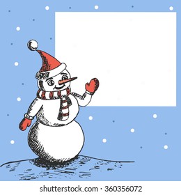 Retro winter banner or vintage greeting card with hand drawn sketch snowman and place for text
