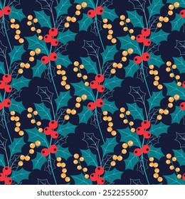 Retro Winter Flora navy blue Christmas Pattern
