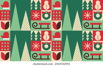 Retro winter geometric ornament Seamless pattern. Minimalist shapes snowman, mitten, fir tree, sleigh, snowflake. Scandi season background. Repeating mosaic for wrapping, fabric, digital. Vector