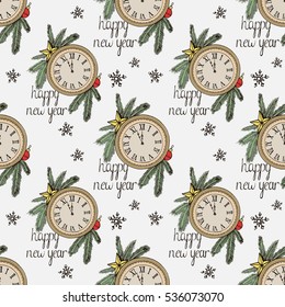 Retro winter holiday seamless background with new year clock