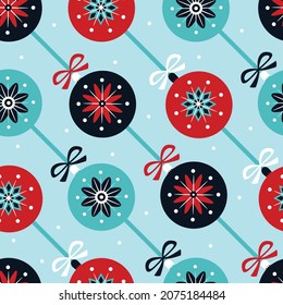 Retro winter holidays diagonal seamless pattern with christmas balls, ribbons, bows and snowflakes. Great for winter fabric, wallpaper, wrappingpaper.