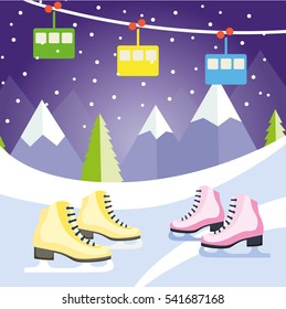 Retro winter landscape with Figure skates, mountains. Vector illustration.