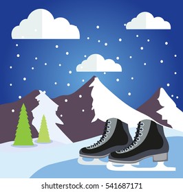 Retro winter landscape with Figure skates, mountains. Vector illustration.