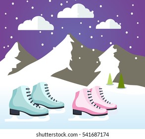 Retro winter landscape with Figure skates, mountains. Vector illustration.