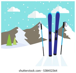 Retro winter landscape with skies, mountains. Vector illustration.