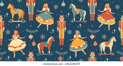 Retro winter Nutcracker ballet seamless wallpaper. Noel Christmas background. Elegant flat style. Fairytale with a toy soldier and a girl. Vintage dream land concept for gift, wrapping paper, fabric