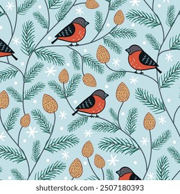 Retro winter pattern of bullfinch birds and cones on wavy pine branches against blue field with snow texture. Decorative Christmas background.