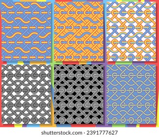 Retro wire with loops and straight line through the loops, slither line through the gaps Set of seamless pattern. Vector collection.