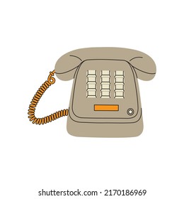 Retro wired phone with buttons. Classic communication device 80s. Hand drawn vector illustration isolated on white background. Modern flat cartoon style.