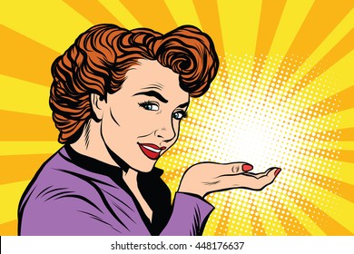 Retro woman advertising and light on the palm pop art retro, vector realistic hand drawing illustration. a mystery, a secret, a small miracle