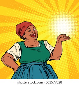 Retro woman African-American gesture promo, pop art retro vector illustration