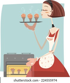 retro woman Baking muffins.