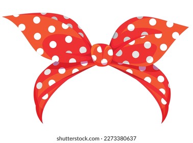Retro woman bandana red tied bow polka dot decorative design isometric vector illustration. Vintage fashion female headband textile ribbon band old fashioned stylish headwear headscarf accessory svg