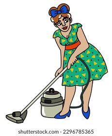 Retro woman. Woman with a cleaner. Housemaid. Housekeeping concept. Vector illustration isolated on white background.