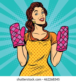 Retro Woman Cooking In The Kitchen, Pop Art Retro Comic Book Vector Illustration. Gloves For Hot Dishes