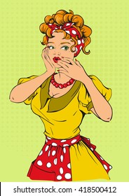 Retro woman covered her mouth and says wow. Cartoon illustration in vector format