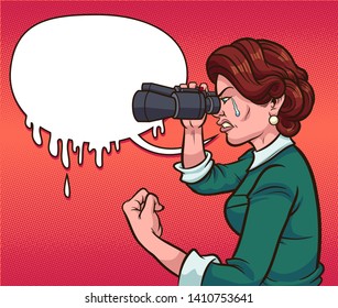 Retro woman crying while looking through binoculars clip art. Vector illustration. Some elements on separate layers. 
