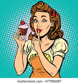 Retro Woman With Cupcake Pop Art Comic Drawing Illustration. Diet And Delicious Muffin. Food And Cooking