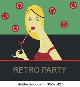 A retro woman drinks a cocktail. Invitation to a retro party. Vintage geometric style, 50s years.