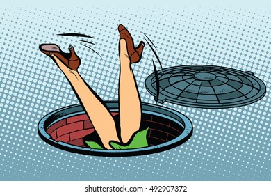 Retro woman fell into a manhole of the city sewer, pop art vector illustration. Pedestrian safety, industrial theme