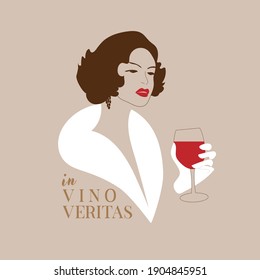 Retro woman with a glass of red wine in her hand. Vintage poster in the old style.