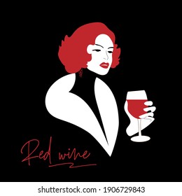 Retro woman with a glass of red wine in her hand. Vintage poster in the old style.